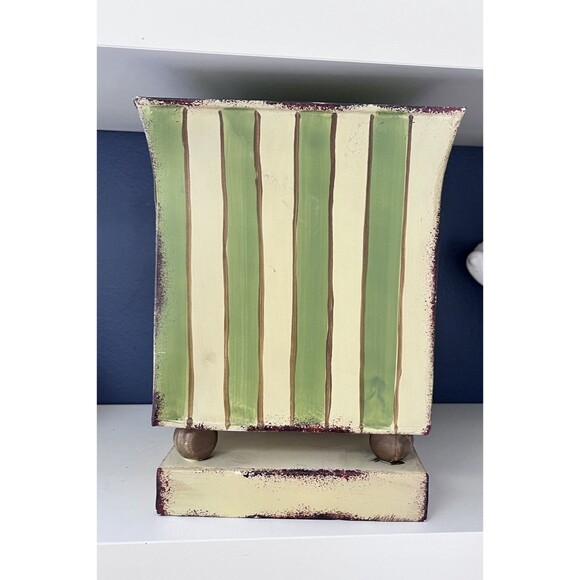 Vtg Hand Painted Green Yellow Striped Metal Toleware Planter Cache Pot Floral - Picture 3 of 6